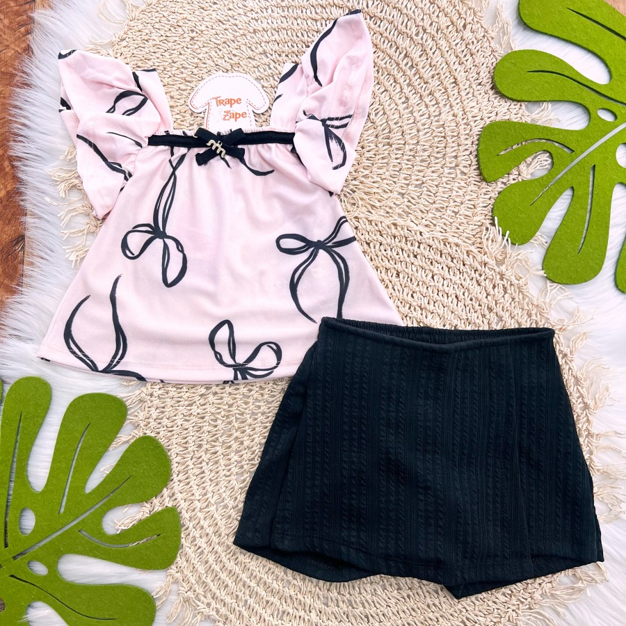 Conj. Bata Lacinhos e Short Saia - Rosa e Preto